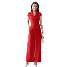 2023年夏季连体裤时尚V领短袖纯色简约气质百搭收腰，女装休闲裤，贵人树