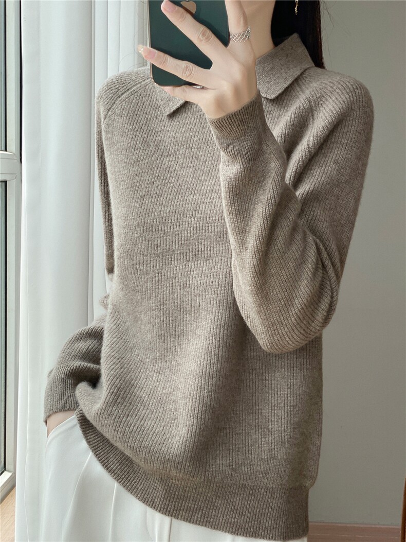 翻领100%纯羊毛衫针织长袖毛衣女秋冬宽松加厚纯色羊绒衫上衣打底,针织衫/毛衣,忠诺羊绒