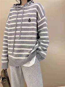 新款条纹套头针织衫女宽松慵懒风长袖上衣韩版百搭图片