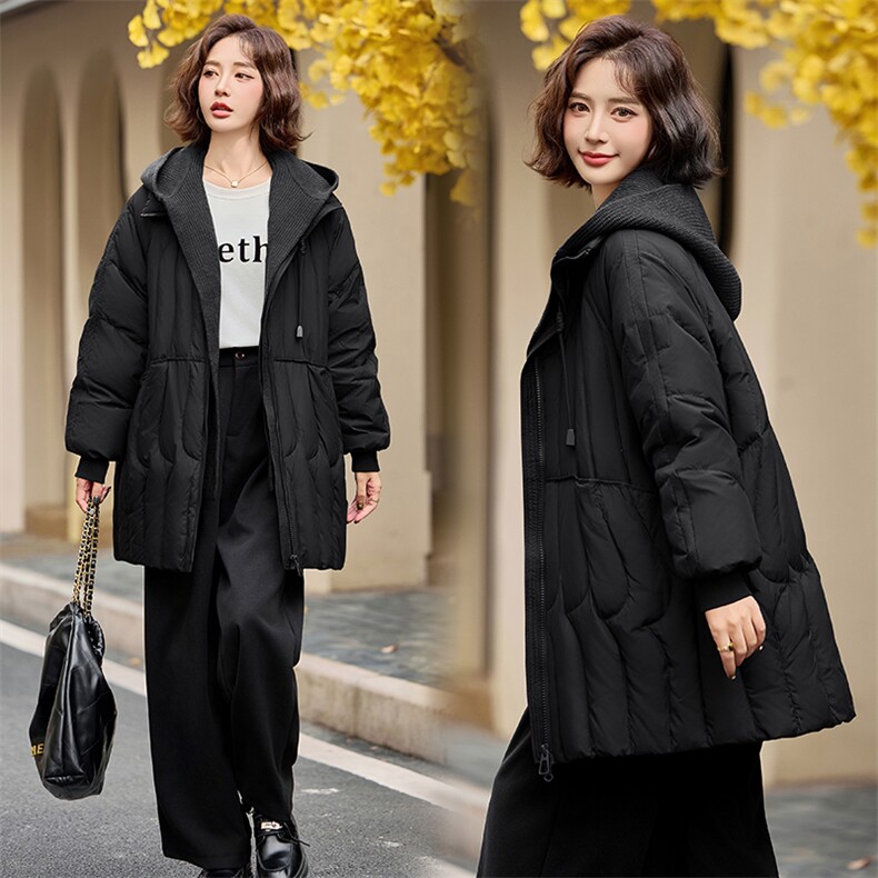 现货2024冬季新款宽松时尚拼接可脱卸帽中长款羽绒服,女装羽绒服,深水步