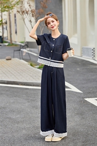 天丝牛仔蕾丝拼接套装女2025春夏新款高级感减龄休闲阔腿裤两件套图片