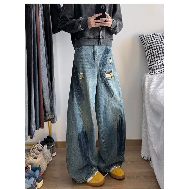 时尚美式复古灯笼廓形锥形涂鸦破洞显瘦垂感拖地男女阔腿牛仔裤潮,男装休闲裤,星座1013