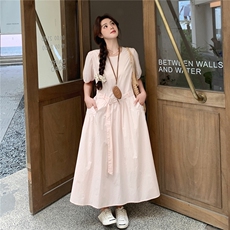 法式茶歇粉色泡泡袖连衣裙女夏新款甜美气质韩系温柔风收腰长裙，女装连衣裙，2C120