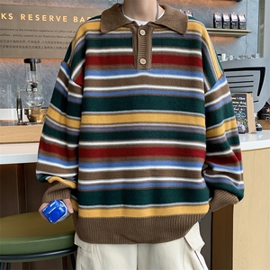 港风秋款男POLO领毛衣条纹拼色针织衫休闲打底外套M218 P45图片