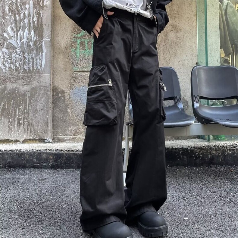 黑色工装西裤男拉链口袋纯色宽松阔腿微喇拖地裤1001-1-X113-P55图片