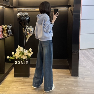 春女新款连帽拉链卫衣阔腿牛仔裤减龄两件套图片