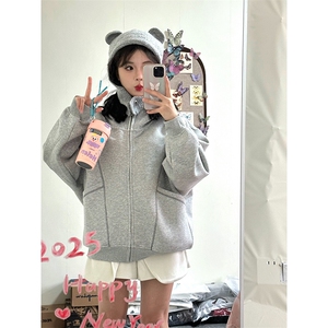 抖音得物高品质秋冬美式高街重磅结构辑明线纹理连帽卫衣外套W111图片