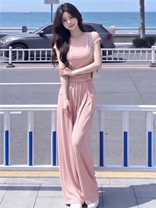 慵懒风时尚休闲套装女夏季新款高级感圆领短袖上衣阔腿长裤两件套图片
