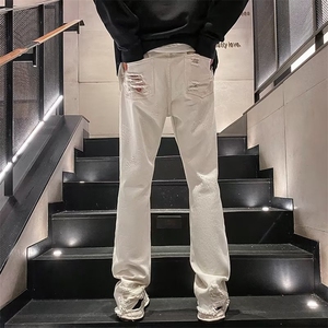 直筒显瘦毛边假破洞牛仔裤男ins潮牌美式高街微喇叭长裤N2835-P48图片
