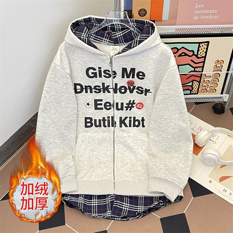 2025春秋美式复古宽松潮牌字母印花连帽加绒拉链开衫卫衣外套男,男装卫衣,星座506B