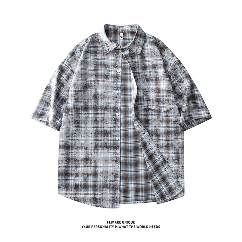 X5501-TP40 控价68 美式格子上衣短袖夏季衬衫情侣百搭宽松衣服图片