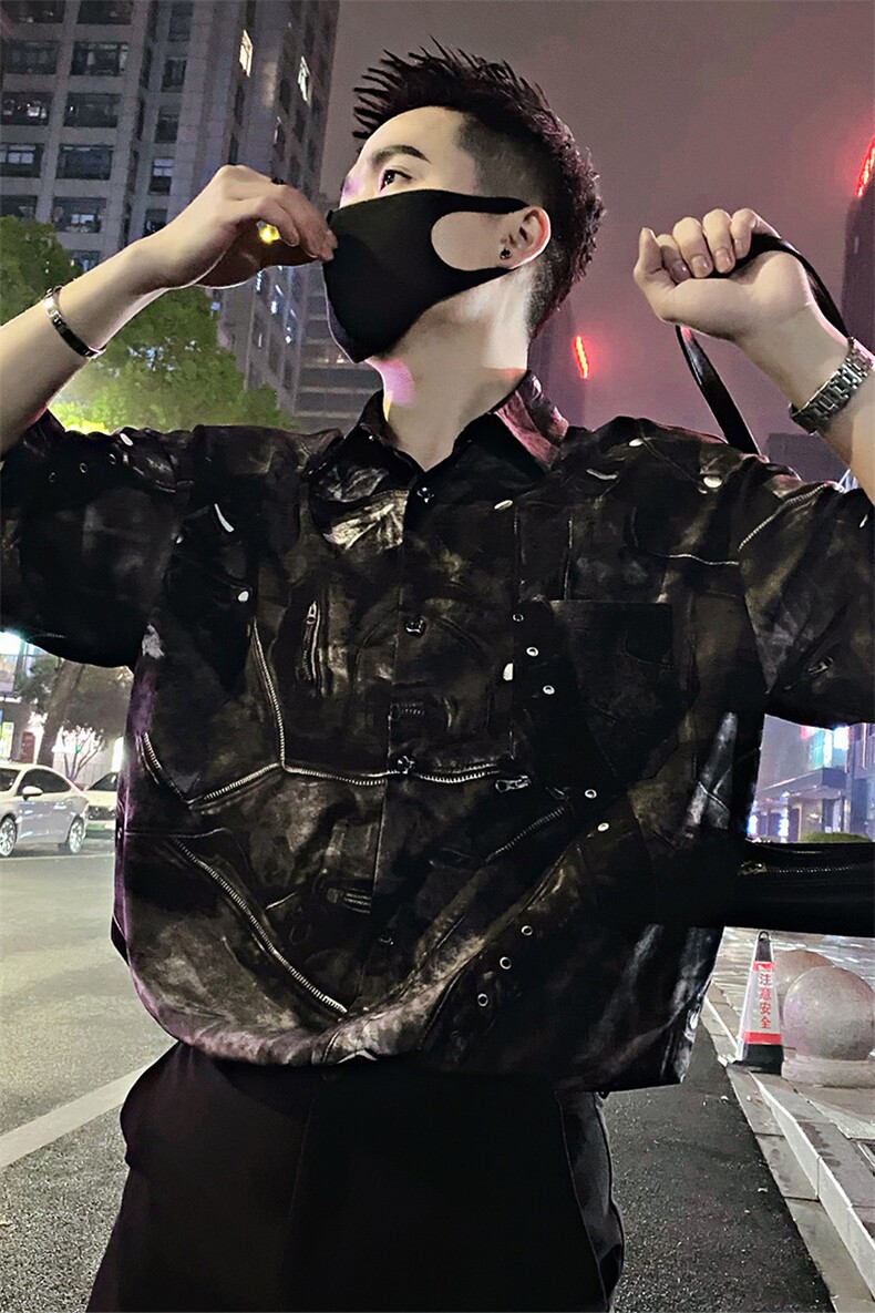 S60/P58控78夏季社会小伙复古垂感口袋花衬衫短袖男黑首1,男装衬衫,星座305B