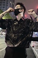 S60/P58控78夏季社会小伙复古垂感口袋花衬衫短袖男黑首1，男装衬衫，星座305B