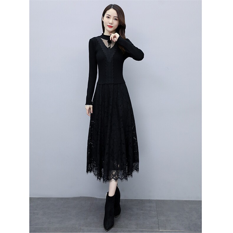2023秋季新款半高领线衣花边配蕾丝长款打底连衣裙（配饰品)，女装连衣裙，安之芮娜
