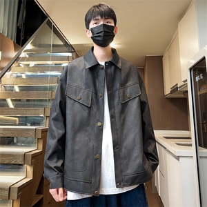 男士皮夹克薄款春季机车皮衣翻领潮外套按扣宽松A266-PY009-P100图片