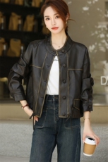 时尚设计感抽绳短外套女2024秋装新款今年流行小个子皮衣夹克，女装皮衣，欧兰熙