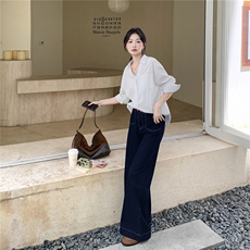 白色蕾丝拼接V领长袖衬衫套装女2025秋气质显瘦牛仔阔腿裤两件套，女装套装/套裙，2D078