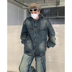 美式复古做旧水洗宽松牛仔外套男立领拉链潮牌夹克男JK89366-p73，男装夹克，星座1008