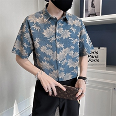 23新品树叶花短袖衬衫男士宽松社会小伙衬衣潮牌TZ98P5078，男装T恤，电商B413