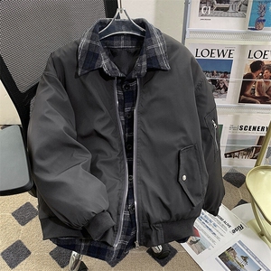 假两件棉服外套男士韩版潮流拼接格子2024冬季ins棉衣MF331-P90图片