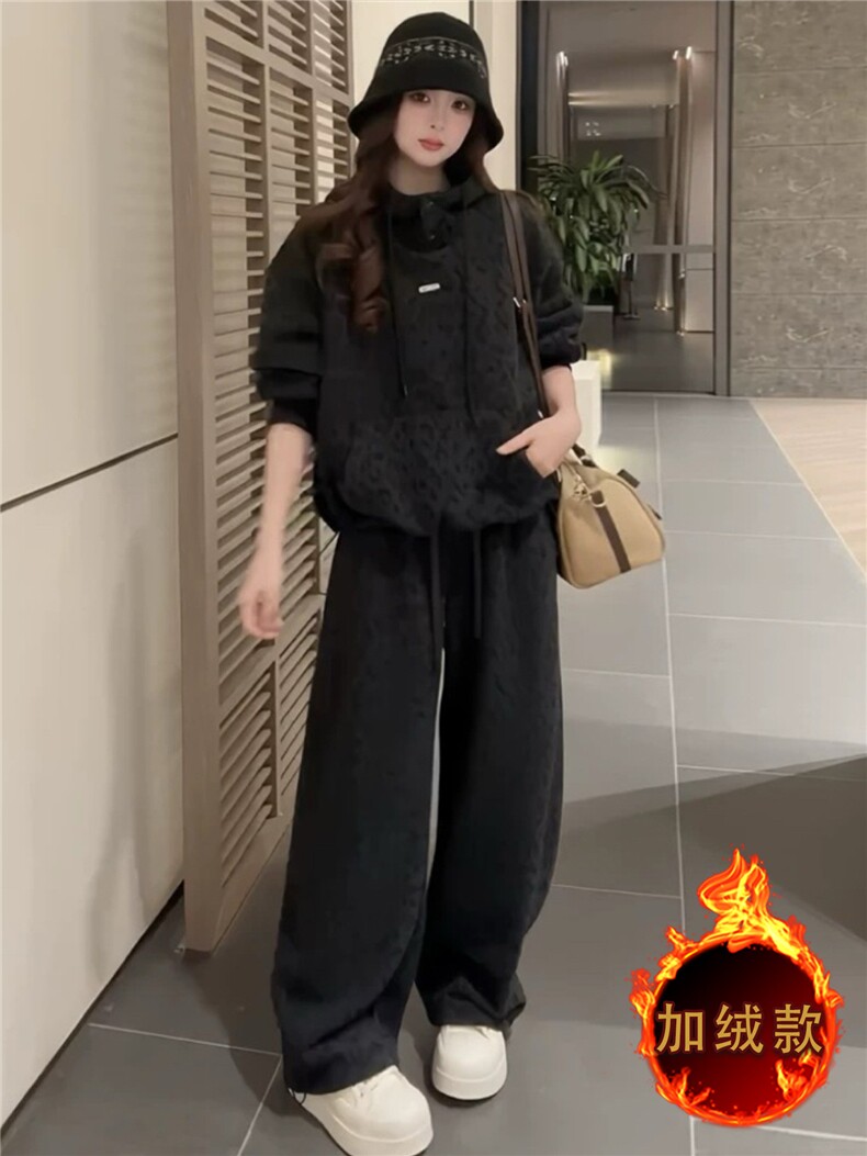 韩系宽松显瘦时尚套装女秋冬新款豹纹套头连帽卫衣直筒长裤两件套,女装套装/套裙,江南