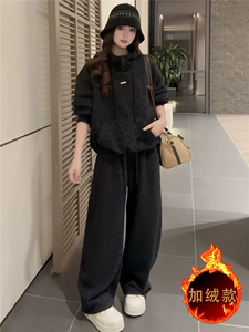 韩系宽松显瘦时尚套装女秋冬新款豹纹套头连帽卫衣直筒长裤两件套图片