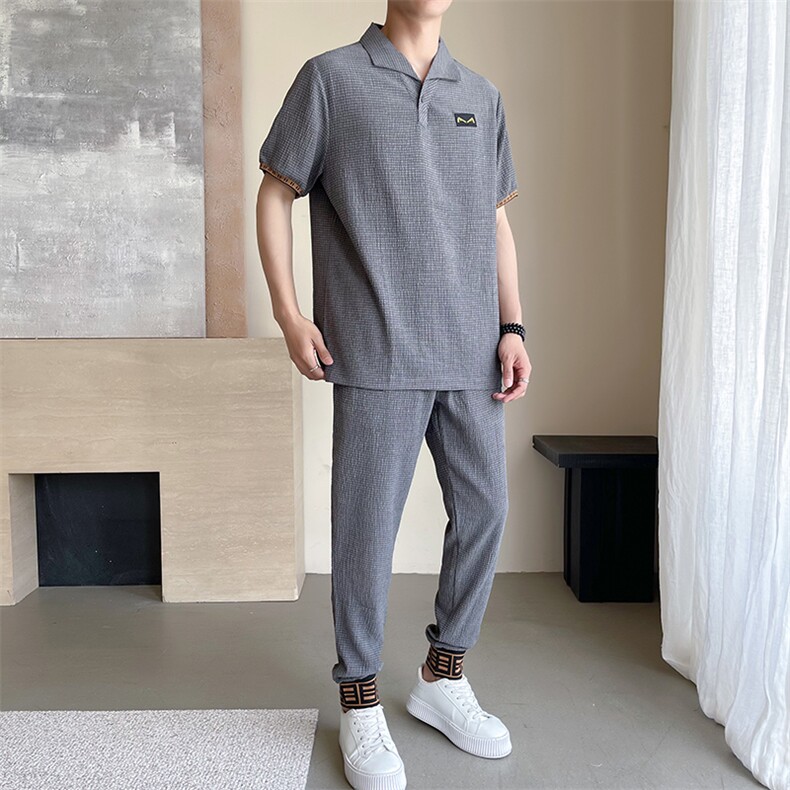 新款风休闲运动套装风高端V领轻薄垂感褶皱短袖两件套TZ303,男装休闲套装,星座305A（原312A-1）