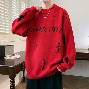 84564-特P55红色毛衣男冬季打底衫过年针织衫男加厚保暖拜年服