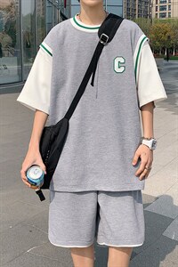 2025夏季华夫格套装男青少年T恤短裤两件套港风套装TZ2237-P55图片