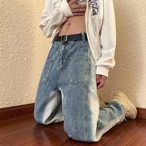 欧美复古裤子宽松阔腿裤设计感hiphop扎染牛仔裤男高街N8935-P48图片