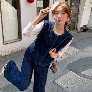 韩系蓝色小香风牛仔套装女2025春季新款时尚休闲马甲阔腿裤两件套图片