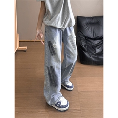 B221美式ins高街暗黑喷墨宽松弯刀牛仔裤LK25545-特P45控78，男装牛仔裤，电商B221