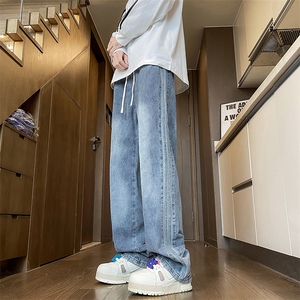 男款秋季潮牌痞帅炸街牛仔裤子男生休闲百搭条纹直筒阔腿裤,夏天胖男生穿衣搭配图片