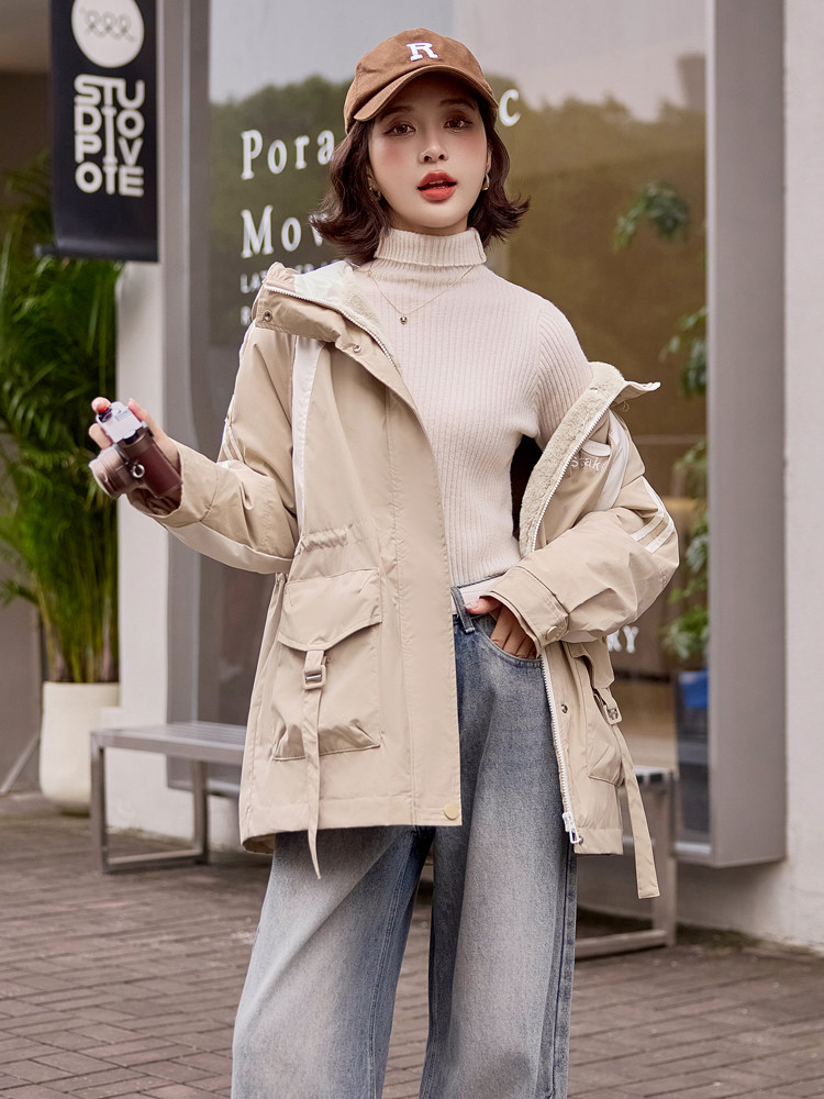 加绒加厚冬装新款派克棉服女中长款保暖连帽简约时尚工装棉衣外套,女装棉衣/棉服,梦懿尔