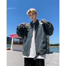 小众破洞毛边工装牛仔外套男女春秋季设计感解构复古立领机车夹克，男装工装外套，星座506A