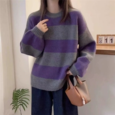 秋冬新款条纹针织套头上衣时尚百搭，女装针织衫/毛衣，泰沅羊绒