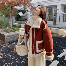 红色麂皮绒印花皮毛一体加厚棉服H8380P215K328，女装棉衣/棉服，红龙果