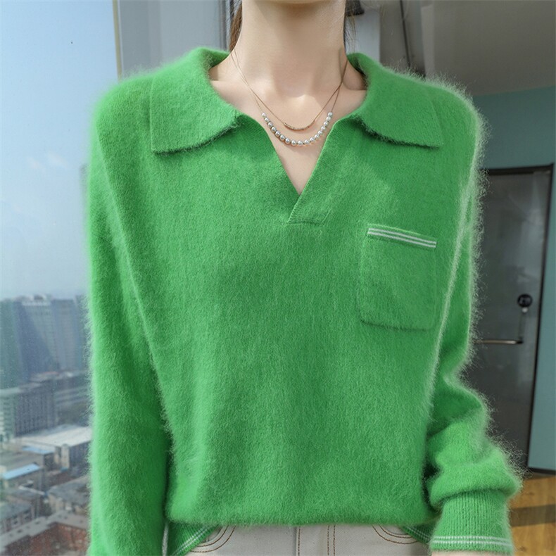 秋冬季新款舒适时尚百搭POLO领貂绒衫，女装针织衫/毛衣，冬贝尔貂绒