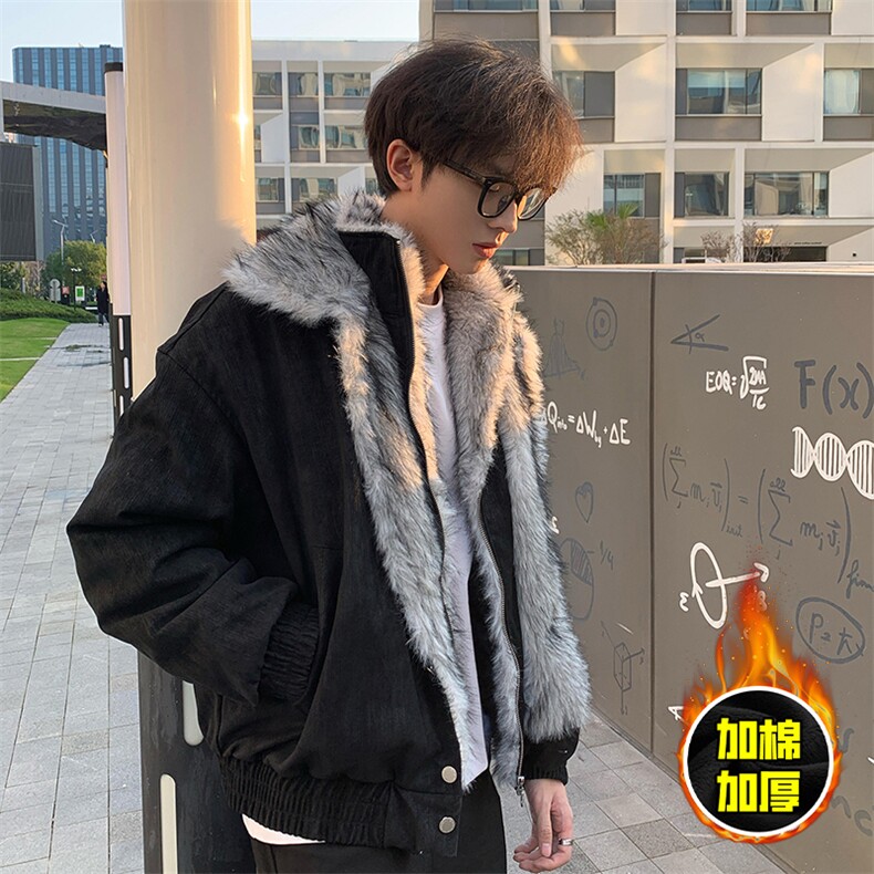 现货高品质美式高街重磅狼王座山雕毛毛领假两件棉衣加厚棉服外套，男装棉衣，电商A486