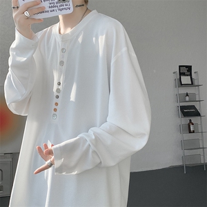 8XL-M 慵懒肌理感华夫格廓形云母贝纽扣长袖T恤打底长袖CX3006P48图片