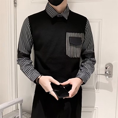 冬季衬衫领毛衣男士假两件针织衫条纹拼接宽松潮流打底Q141，男装针织衫/毛衣，星座1116A-2（原606A-1）