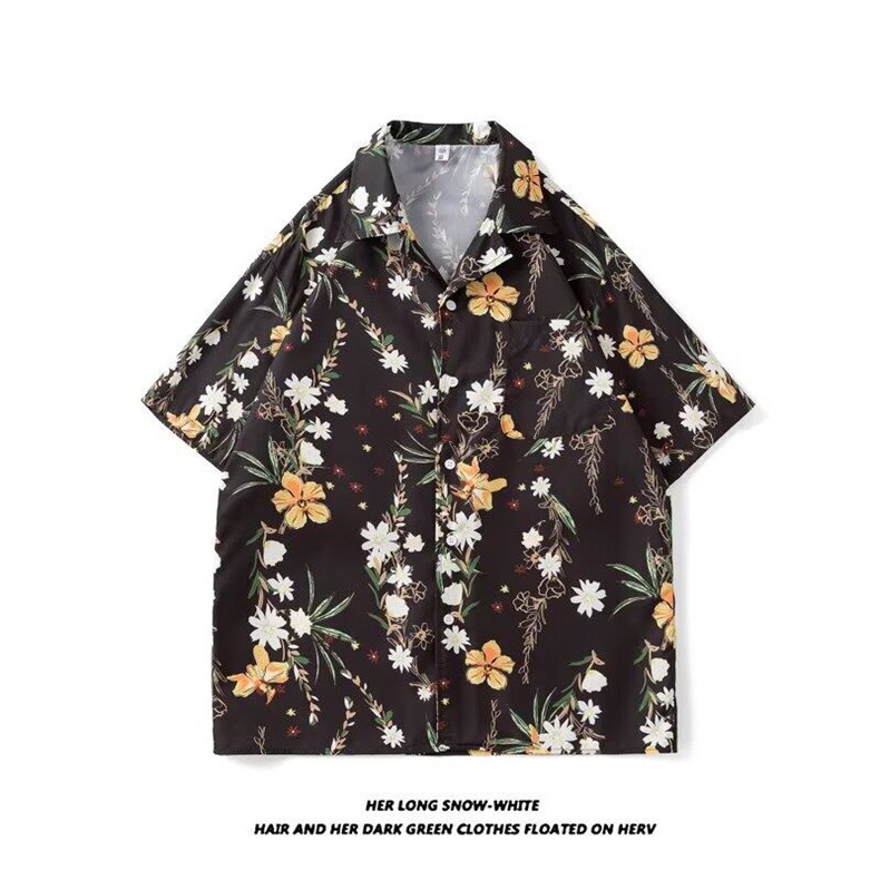 风沙滩花衬衫短袖古巴领复古垂感痞帅个性碎花，男装衬衫，星座506B