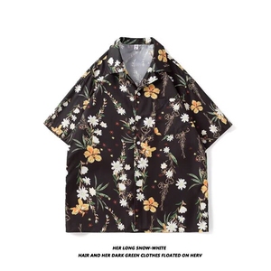 风沙滩花衬衫短袖古巴领复古垂感痞帅个性碎花，男装衬衫，星座506B