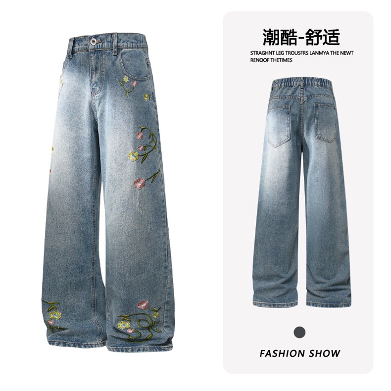 B221 美式ins高街暗黑绣花宽松直筒牛仔裤LK25581-特P45控78图片
