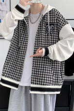 2023秋装青少年港风时尚千鸟格连帽棒球服夹克外套男士7313-P120，男装夹克，电商A441-1
