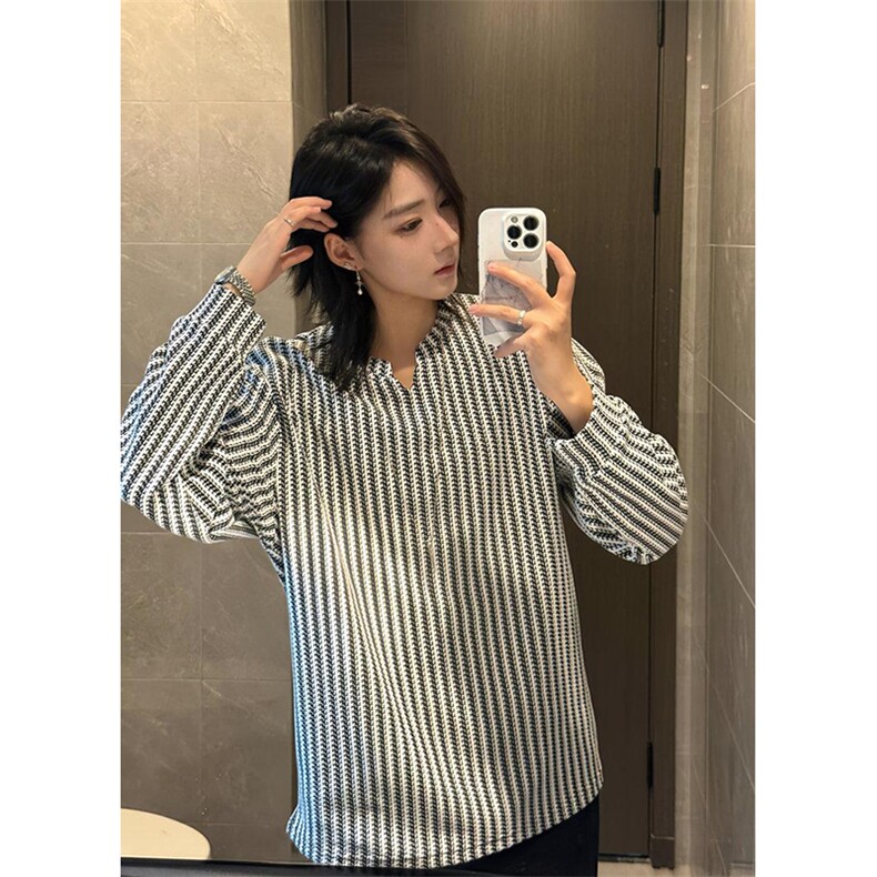 美式高街千鸟格子长袖T恤男女亨利V领英伦雅痞休闲宽松长袖打底衫,男装T恤,电商A443