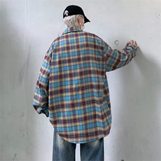 美式街头复古格子长袖衬衫男女刺绣宽松休闲百搭衬衣情侣C128/P50，男装衬衫，星座506