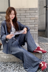 高级小众穿搭韩系chic蓝色衬衫套装女初春秋超火好看阔腿裤三件套，女装套装/套裙，2C056