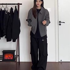 春秋款美式翻领夹克短款垫肩外套休闲宽松痞帅高级感情侣款，男装夹克，星座506A
