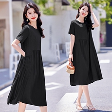 天丝棉文艺气质连衣裙女2025夏季新款梨形身材显瘦遮肚子休闲裙子，女装连衣裙，梦芯尔